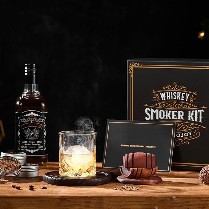 Whiskey Smoker Kit with Torch, 6 Wood Chips, 2 Glasses, Ice Ball Molds, Cocktail Gift for Men