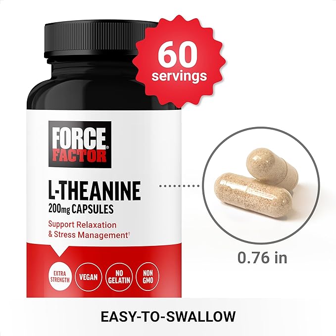 Force Factor L-Theanine 200mg – Extra Strength Stress Relief & Focus – Non-Drowsy, Vegan, Non-GMO, Made in USA – 60 Capsules