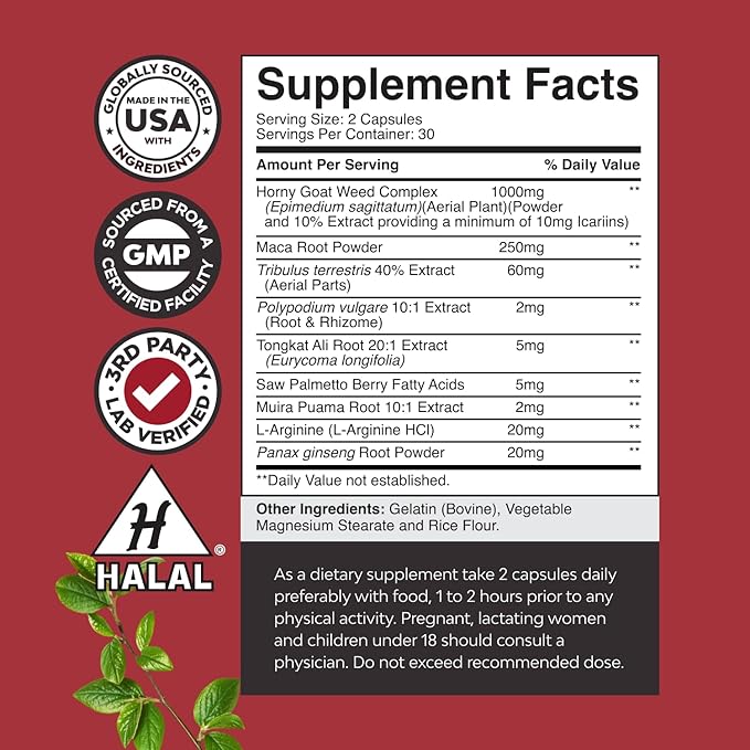 Horny Goat Weed for Men – Extra Strength Male Vitality Supplement with Black Maca, Tongkat Ali, Ginseng & Saw Palmetto – Stamina, Energy & Endurance – 60 Capsules