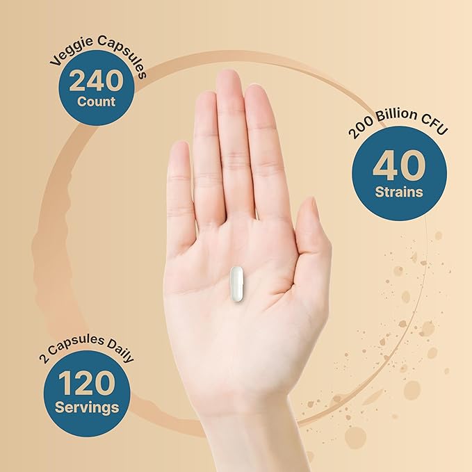 Probiotic 200 Billion CFU with 40 Strains, Prebiotics, Digestive Enzymes & Fiber – Gut Health & Bloating Support – Non-GMO, Gluten-Free – 240 Veggie Capsules