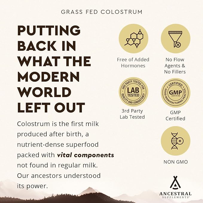 Ancestral Supplements Grass-Fed Beef Colostrum – 3000mg First-Milking Immune & Gut Support – Non-GMO, Hormone-Free – 180 Capsules