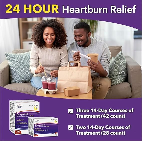 Camber Omeprazole 20mg Tablets (42 Count | 3 x 14-Day Courses) – Delayed-Release Acid Reducer for Frequent Heartburn & Acid Reflux Relief – 24-Hour Daily Antacid Treatment