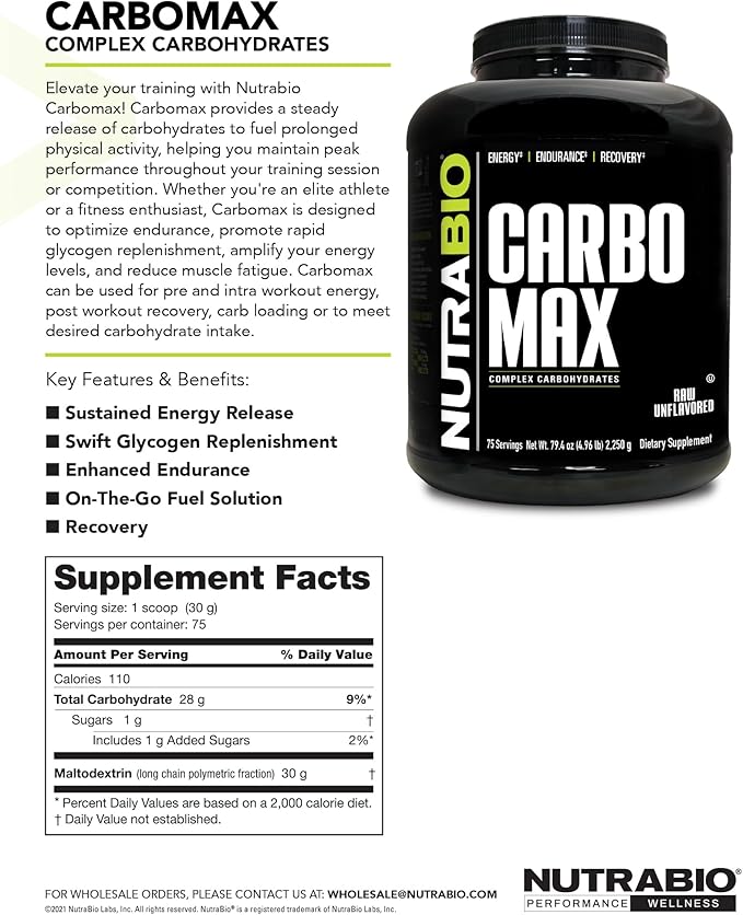 NutraBio CarboMax Maltodextrin Powder – Unflavored, 5 Pounds, 75 Servings, Sustained Energy & Muscle Gain