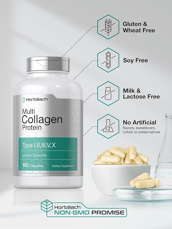 Horbäach Multi Collagen 2000mg – Types I, II, III, V, X Hydrolyzed Collagen – Hair, Skin, Joint & Gut Support – Keto, Paleo, Non-GMO, Gluten-Free – 180 Capsules