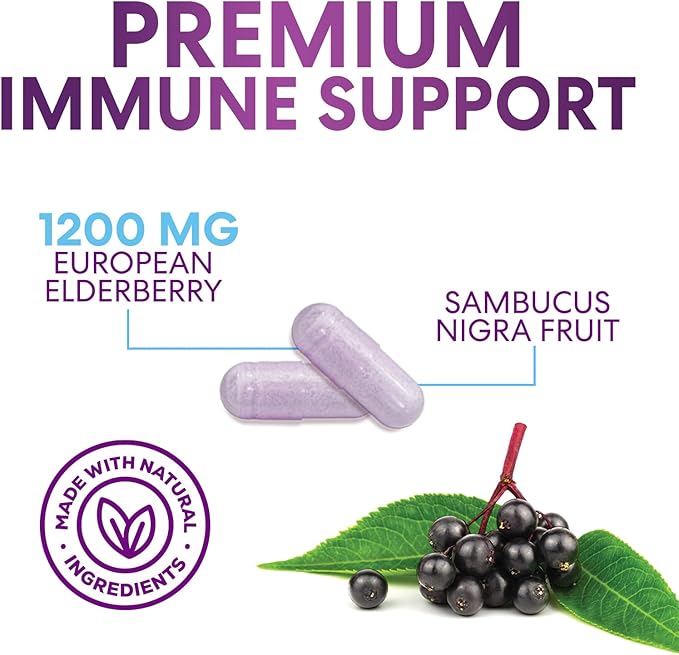 Elderberry Immune Support Capsules – 1200mg Sambucus Black Elderberry Extract – Daily Antioxidant & Immune Supplement – Non-GMO, Gluten-Free – 120 Capsules