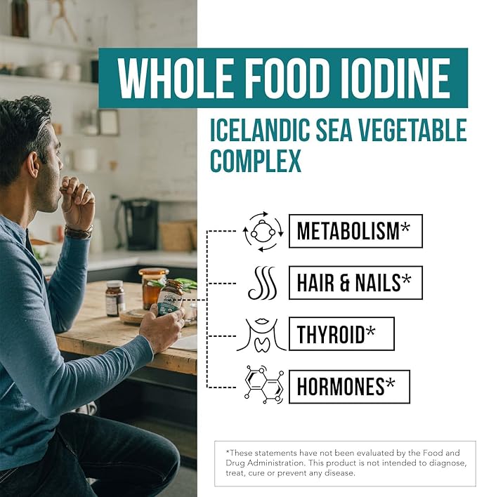 Organic Iodine 250mcg from Sea Kelp, Irish Moss & Bladderwrack – Whole Food Thyroid Support – 60 Capsules