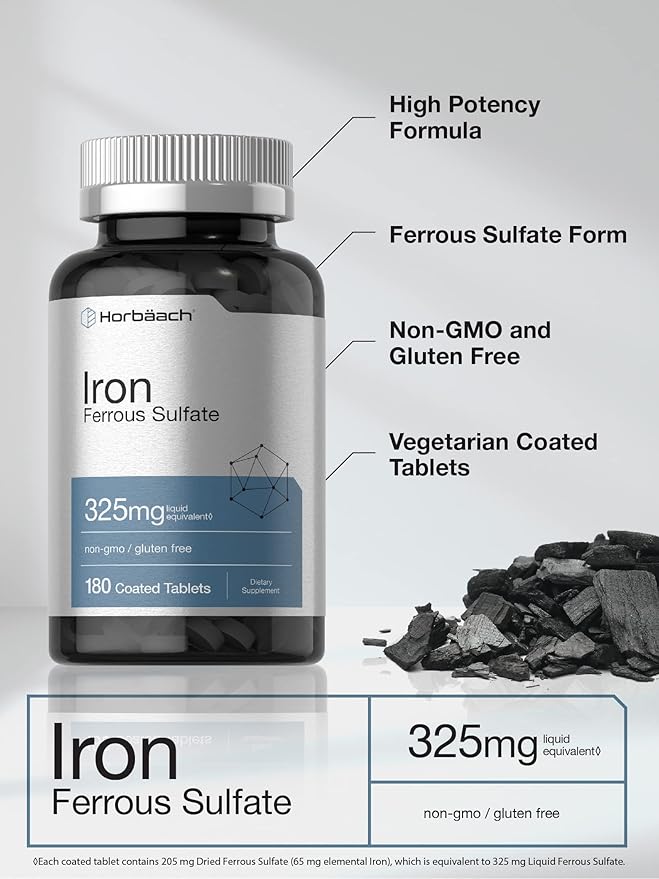 Horbäach Iron Ferrous Sulfate 325mg (65mg Iron) – Red Blood Cell & Energy Support – 180 Vegetarian Tablets