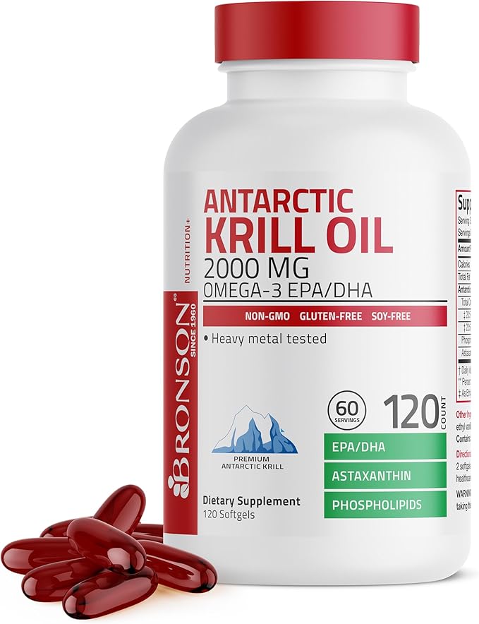 Bronson Antarctic Krill Oil 2000mg – Omega-3s EPA, DHA, Astaxanthin & Phospholipids – Heart, Joint & Brain Support – Non-GMO, Gluten-Free – 120 Softgels