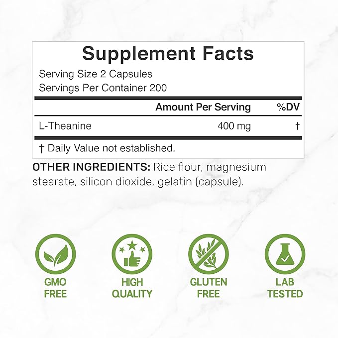 L-Theanine 400mg – Extra Strength Relaxation & Focus Support – Non-GMO, Gluten-Free, Amino Acid Supplement – 400 Capsules (Value Size)