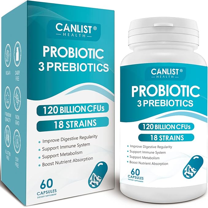 CANLIST Probiotics 120 Billion CFUs with 18 Strains, Prebiotics & Digestive Enzymes – Gut, Immune & Bloating Support – Non-GMO, Gluten-Free – 60 Capsules