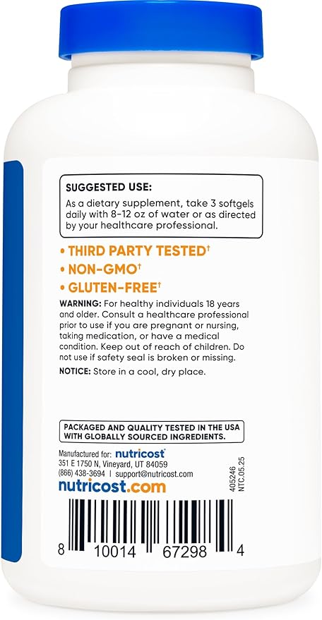 Nutricost Omega-3 Fish Oil 2500mg – High EPA 1200mg & DHA 850mg – Wild-Caught, Non-GMO, Gluten-Free – 120 Softgels (40 Servings)