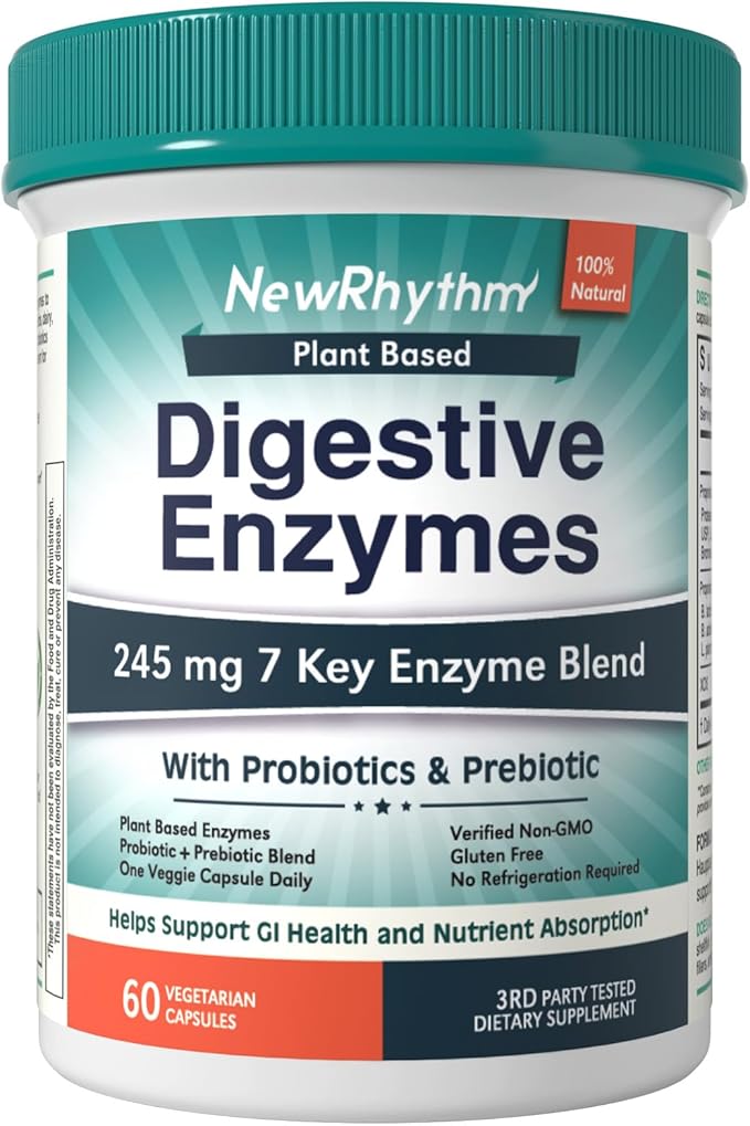 NewRhythm Digestive Enzymes 245mg with Probiotics & Prebiotics – Plant-Based Digestion, Bloating Relief & Nutrient Absorption – Vegan, Non-GMO, Gluten-Free – 60 Capsules