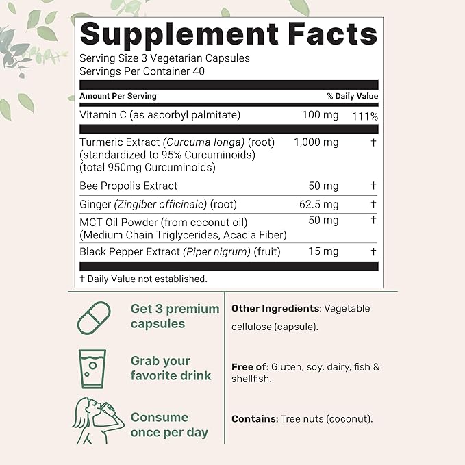 Turmeric Curcumin 1000mg with 95% Curcuminoids – 6-in-1 Formula: Bee Propolis, MCT Oil, Vitamin C, Ginger & Black Pepper – Joint, Immune & Antioxidant Support – Vegan, Non-GMO, Filler-Free – 120 Capsules