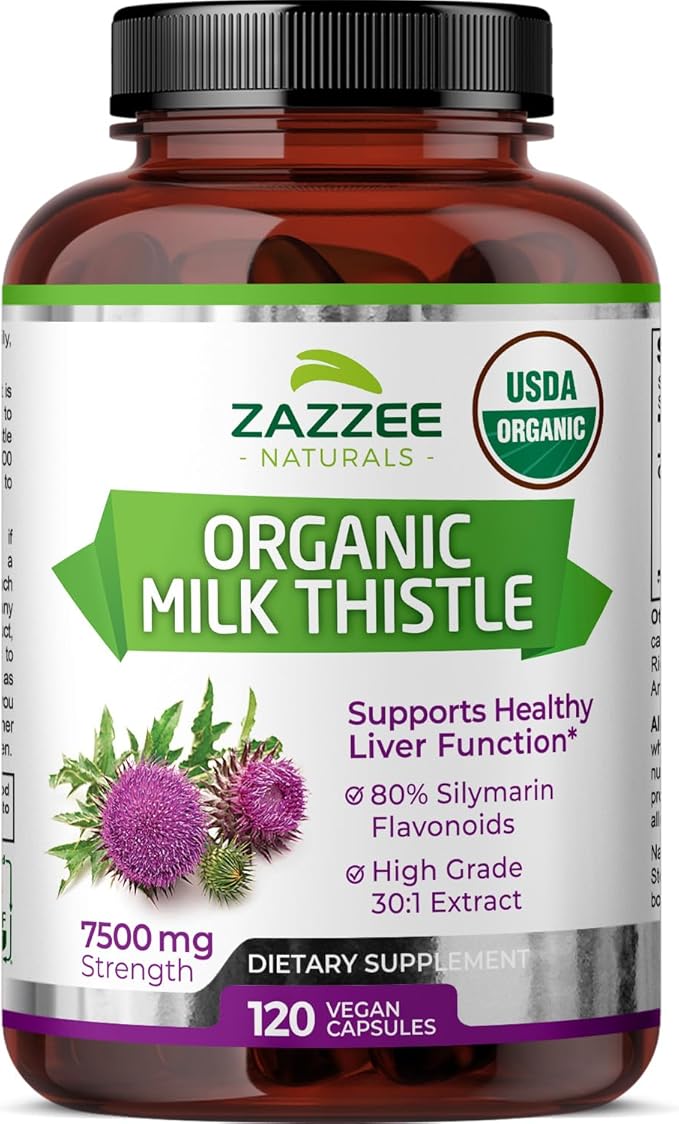 Zazzee USDA Organic Milk Thistle 7500mg – 30:1 Extract with 80% Silymarin Flavonoids – Liver Detox & Antioxidant Support – Vegan, Non-GMO, Gluten-Free – 120 Capsules