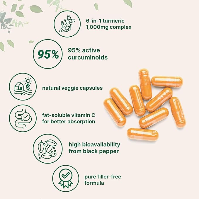 Turmeric Curcumin 1000mg with 95% Curcuminoids – 6-in-1 Formula: Bee Propolis, MCT Oil, Vitamin C, Ginger & Black Pepper – Joint, Immune & Antioxidant Support – Vegan, Non-GMO, Filler-Free – 120 Capsules