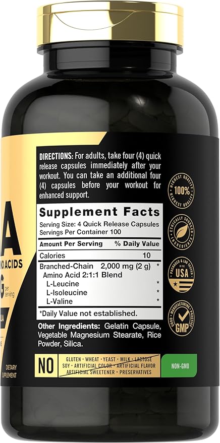 Carlyle BCAA Capsules – 2000mg, 400 Powder Pills, Amino Acids Blend with L-Isoleucine, L-Leucine & L-Valine, Non-GMO, Gluten-Free