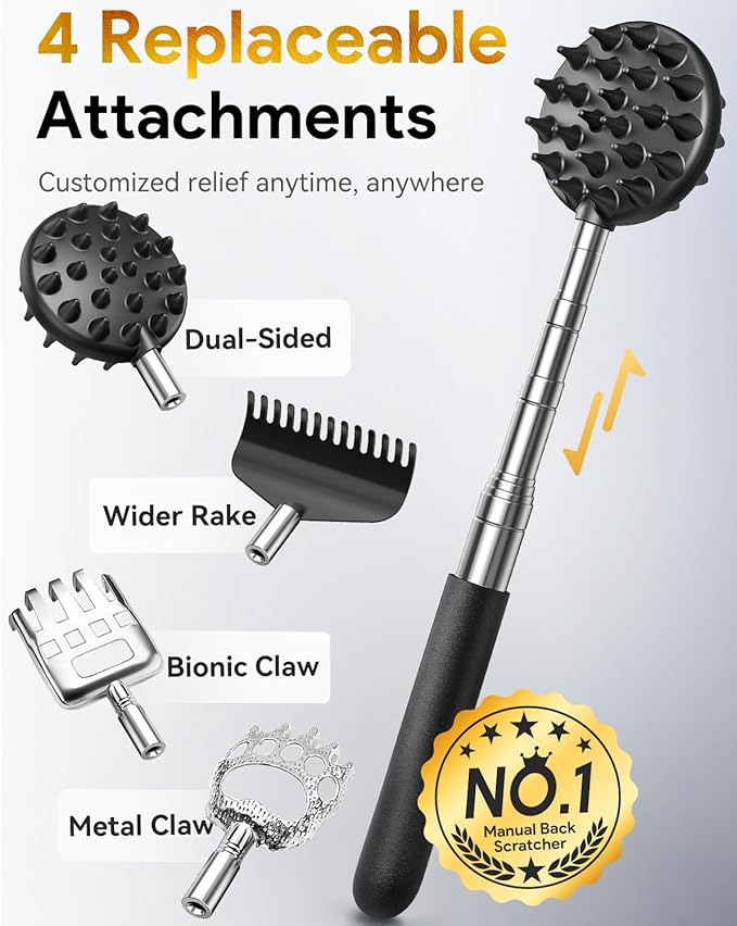TUKUOS Telescoping Back Scratcher, 4 Detachable Heads, Fathers Day Gift for Dad Men, Portable Stainless Steel