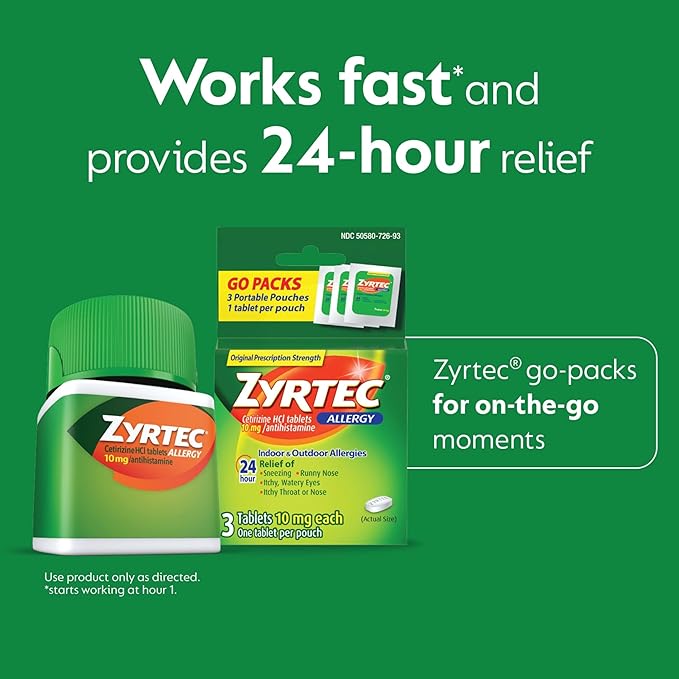 Zyrtec 24 Hour Allergy Relief Tablets – 93 Count Bundle (90 ct Bottle + 3 Travel Packs) – 10 mg Cetirizine HCl for Indoor & Outdoor Allergies