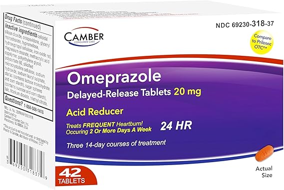 Camber Omeprazole 20mg Tablets (42 Count | 3 x 14-Day Courses) – Delayed-Release Acid Reducer for Frequent Heartburn & Acid Reflux Relief – 24-Hour Daily Antacid Treatment