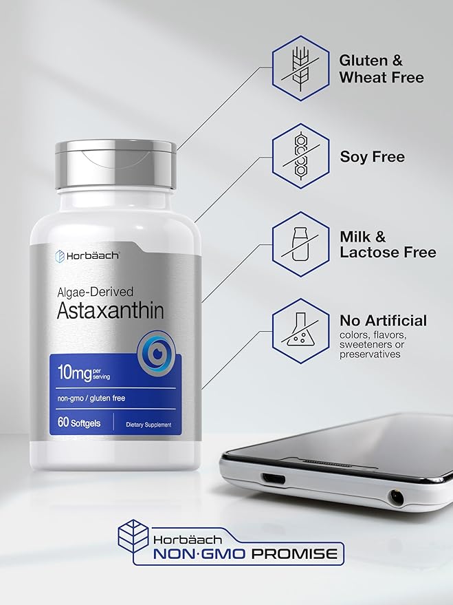 Horbaach Astaxanthin 10mg – Algae-Derived Antioxidant for Skin, Eyes, Joints & Immune Support – Non-GMO, Gluten-Free, Preservative-Free – 60 Softgels