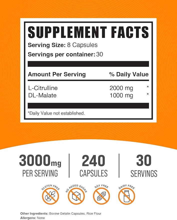 BulkSupplements.com L-Citrulline Malate Capsules – 2:1 Ratio, 3000mg Per Serving, Gluten-Free, 240 Capsules