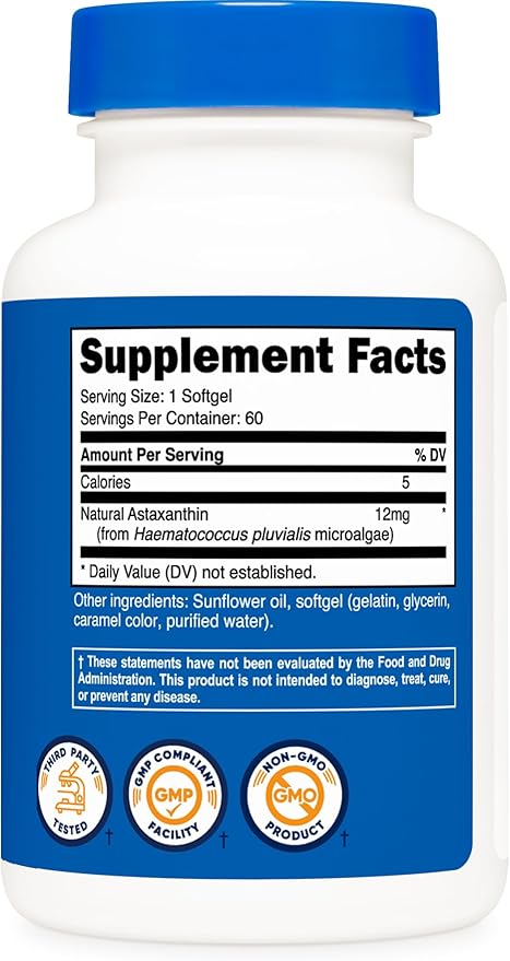 Nutricost Astaxanthin 12mg – Natural Microalgae Antioxidant for Skin, Eyes, Joints & Immune Support – Non-GMO, Gluten-Free – 60 Softgels (2 Month Supply)