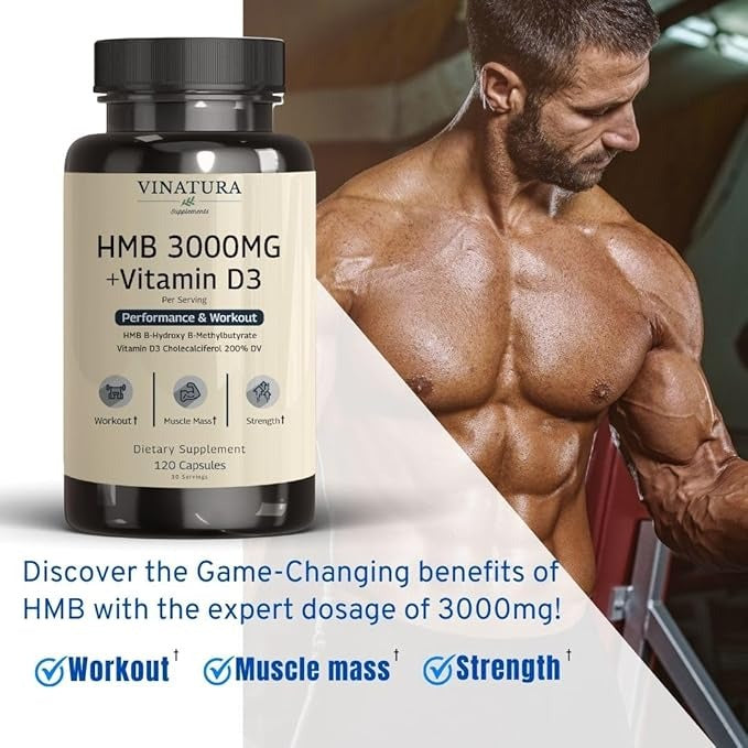VINATURA HMB 3000mg & Vitamin D3 (1600 IU) Supplement – 120 Capsules, 30 Servings, USA Made & Tested