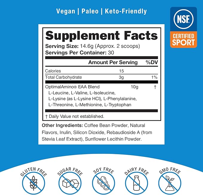 OptimalAmino Essential Amino Acid (EAA) Powder – 99% Utilized, NSF Certified for Sport, Iced Coffee Flavor