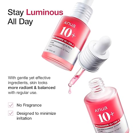ANUA Niacinamide 10 + TXA 4 Serum, Hyaluronic Acid, Glass Skin Brightening Clarifying Korean Facial Serum, 30ml