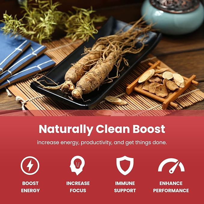 NutraChamps Korean Red Panax Ginseng Capsules – Extra Strength – Energy, Focus, Vitality & Immune Support – Non-GMO, Gluten-Free, Vegan – 120 Capsules