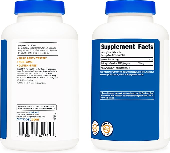 Nutricost NAC 600mg – N-Acetyl L-Cysteine Antioxidant & Detox Support – Non-GMO, Gluten-Free – 180 Veggie Capsules (Value Size)