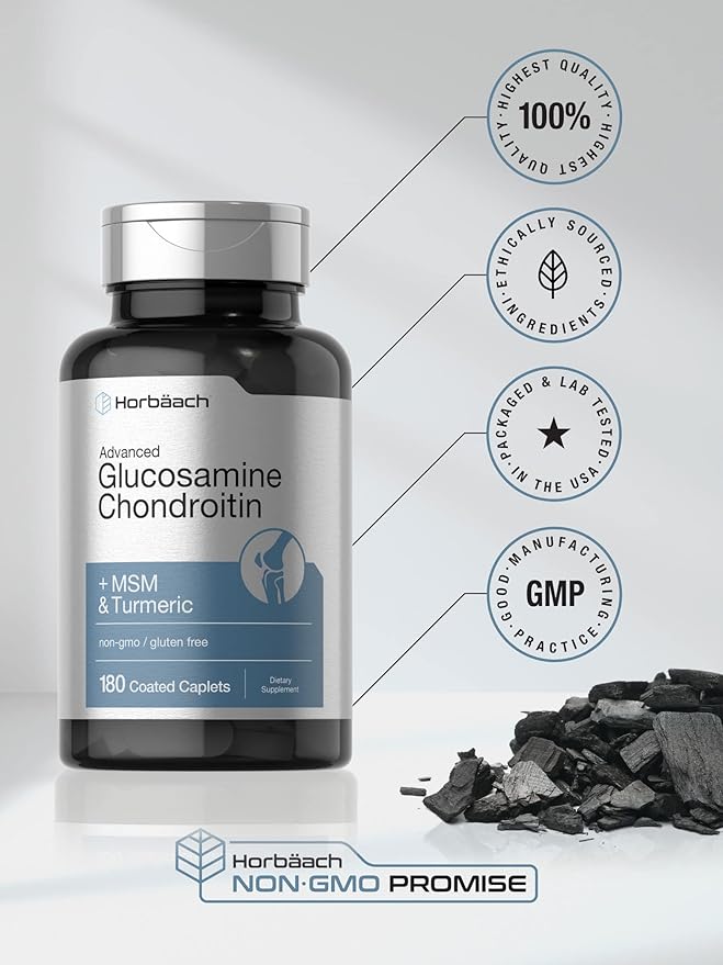 Horbäach Glucosamine Chondroitin with MSM, Turmeric, Collagen & Boswellia – Joint Support Supplement – Non-GMO, Gluten-Free – 180 Coated Caplets