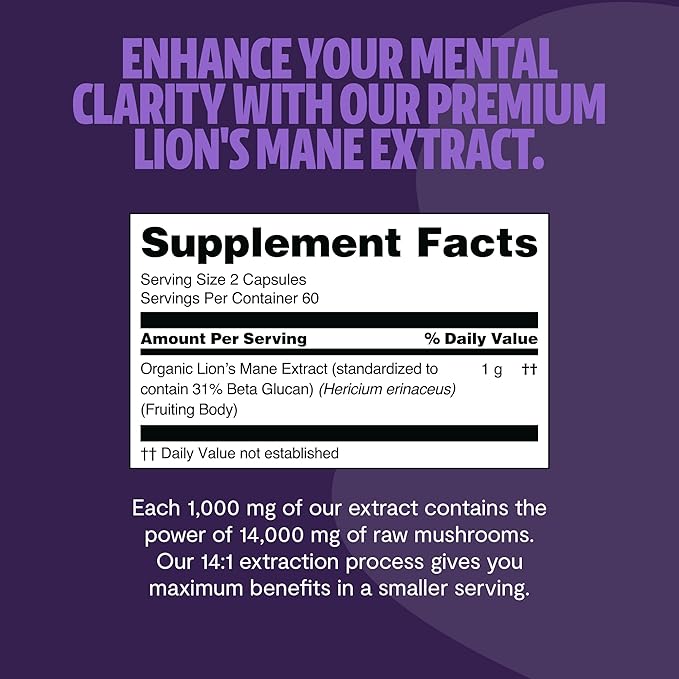 FreshCap Lion’s Mane 14,000mg – High Potency 14:1 Organic Brain & Immune Support – 120 Capsules – Made in USA