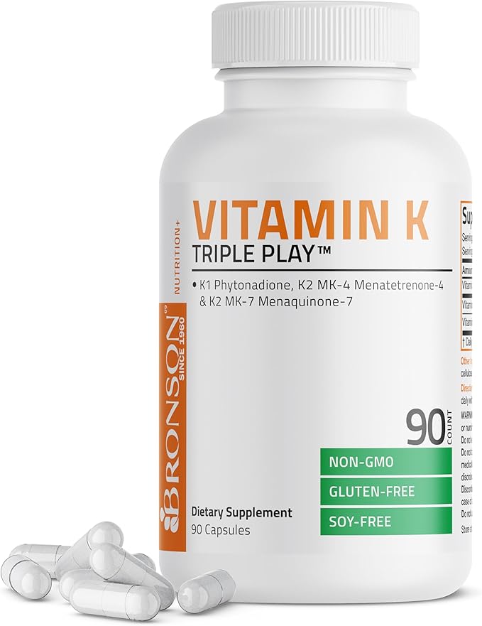Bronson Vitamin K Triple Play – K2 MK7, K2 MK4, K1 – Full Spectrum Bone & Heart Support – 90 Capsules