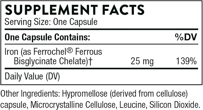 THORNE Iron Bisglycinate 25mg – Gentle, High Absorption Iron for Women & Athletes – 60 Capsules