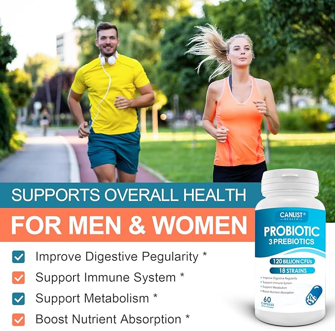 CANLIST Probiotics 120 Billion CFUs with 18 Strains, Prebiotics & Digestive Enzymes – Gut, Immune & Bloating Support – Non-GMO, Gluten-Free – 60 Capsules