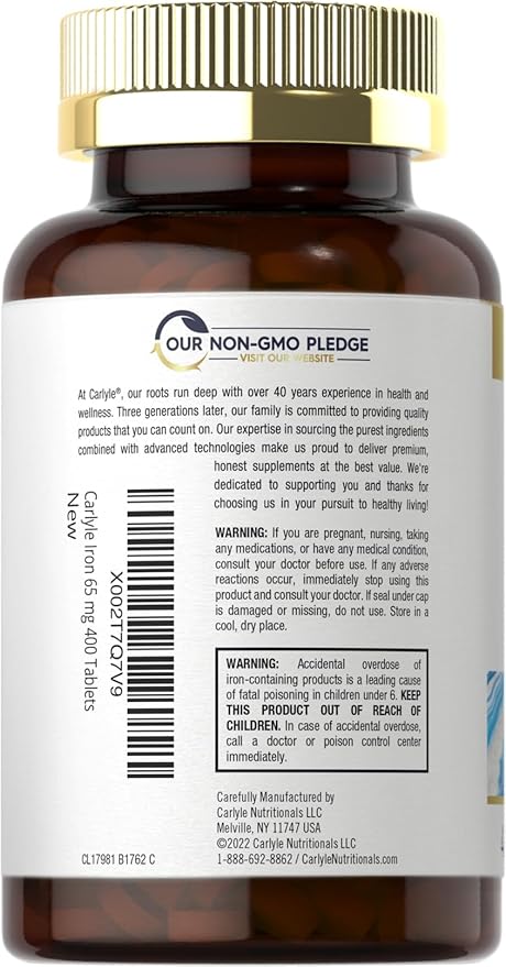 Carlyle Iron Ferrous Sulfate 65mg – High Potency Red Blood Cell & Energy Support – 400 Tablets