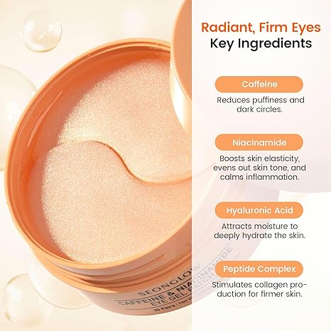 Caffeine Under Eye Patches – 30 Pairs Korean Hydrogel Eye Masks for Dark Circles, Puffiness, Wrinkles – Niacinamide & Hyaluronic Acid Brightening Treatment