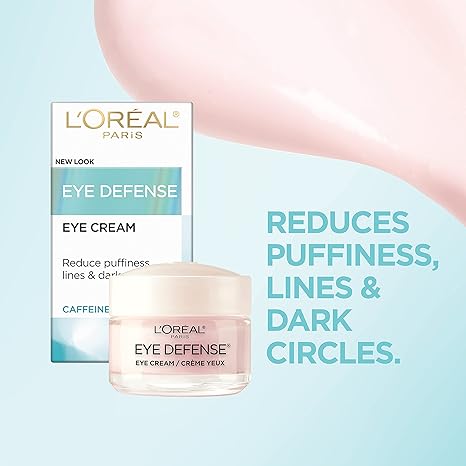 L'Oreal Paris Eye Defense Eye Cream – Caffeine & Hyaluronic Acid, Puffiness, Dark Circles, Lightweight, Dermatologist Tested, 0.5 oz