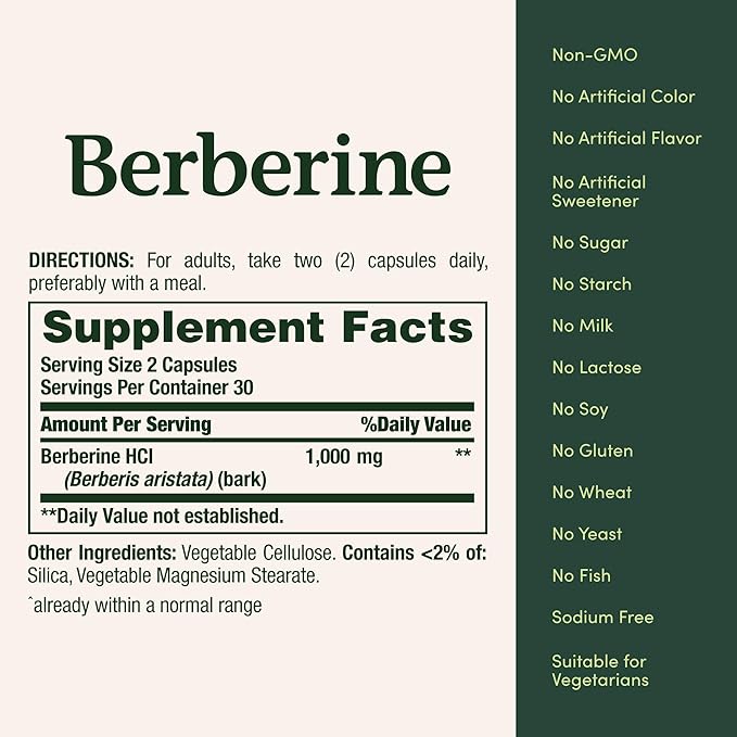 Nature's Bounty Berberine 1000mg – Blood Sugar, Cholesterol & Heart Health Support – Non-GMO, Gluten-Free – 60 Vegetarian Capsules