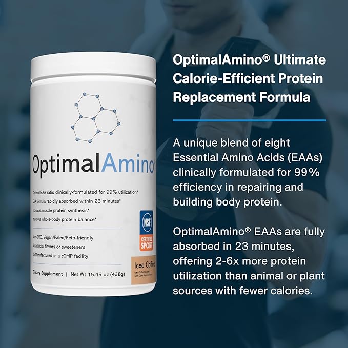 OptimalAmino Essential Amino Acid (EAA) Powder – 99% Utilized, NSF Certified for Sport, Iced Coffee Flavor