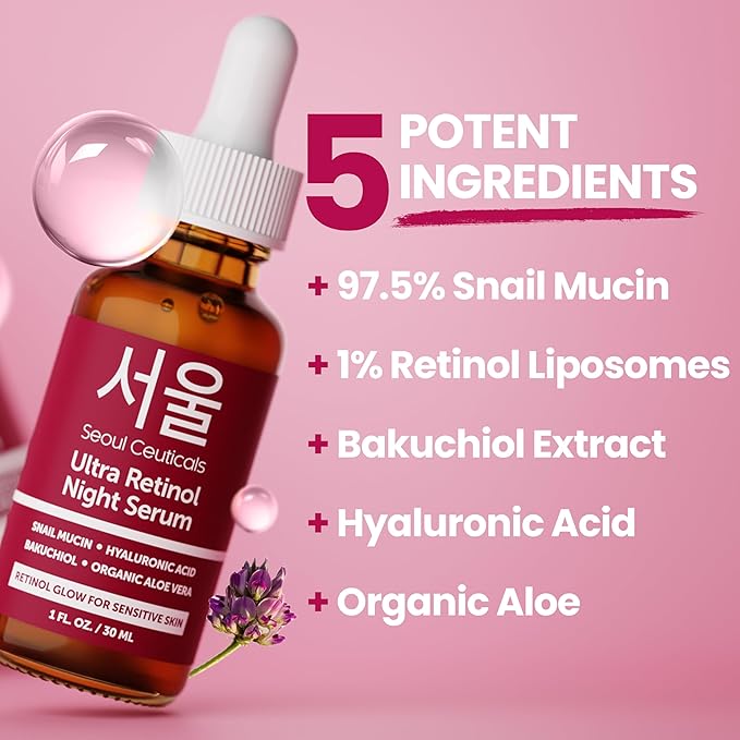 SeoulCeuticals Korean Retinol Night Serum – Snail Mucin & Bakuchiol, 1oz