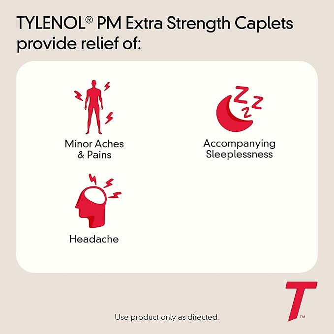 Tylenol PM Extra Strength Nighttime Pain Reliever & Sleep Aid – 500mg Acetaminophen + 25mg Diphenhydramine HCl – Non-Habit Forming – 100 Caplets