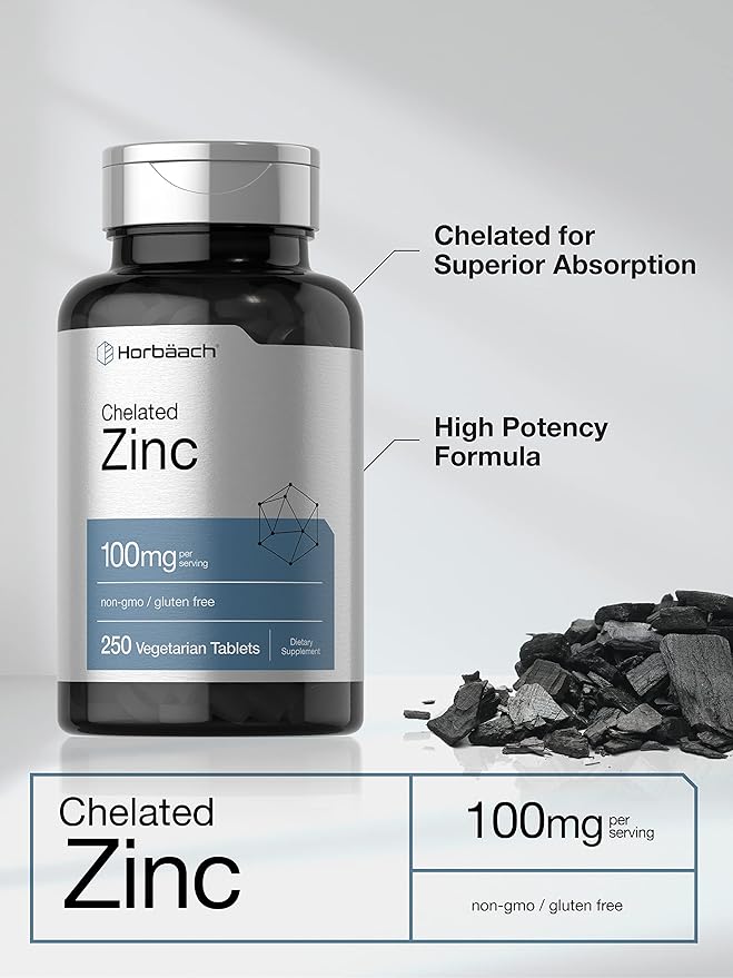 Horbäach Chelated Zinc 100mg – High Potency, Superior Absorption Immune Support – 250 Vegetarian Tablets