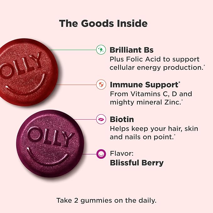 OLLY Women’s Multivitamin Gummies – Berry Flavor – Vitamins A, C, D, E, Biotin, Folic Acid & B Vitamins – 90 Gummies (45-Day Supply) – Gluten-Free