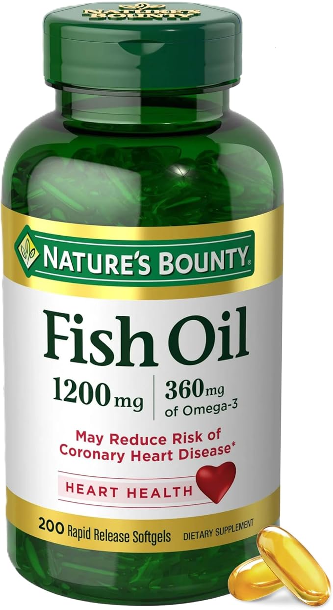 Nature’s Bounty Fish Oil 1200mg – Omega-3 EPA & DHA – Heart & Metabolic Health Support – Non-GMO, Gluten-Free – 200 Softgels