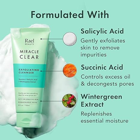 Rael Miracle Clear Face Wash – Gentle Exfoliating Cleanser with Succinic Acid & Minerals, Hydrating, Vegan, Fragrance-Free, 5 fl oz
