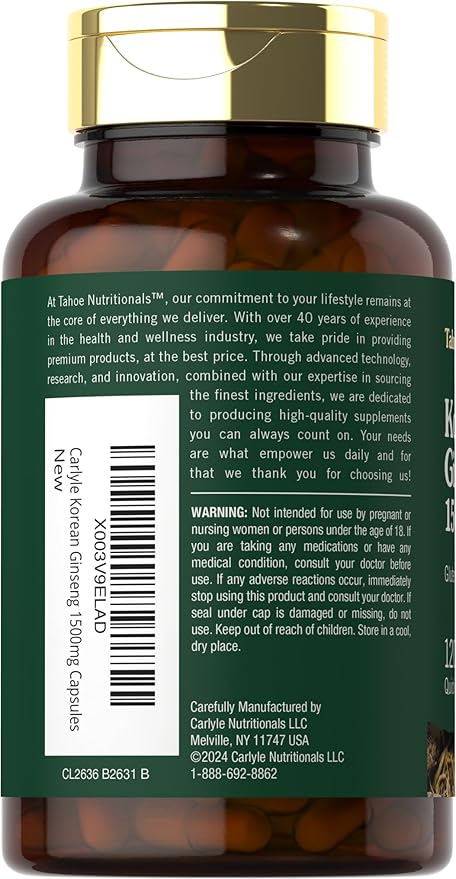 Carlyle Korean Panax Ginseng 1500mg – Energy, Focus & Immune Support – Non-GMO, Gluten-Free – 120 Capsules – by Tahoe Nutritionals