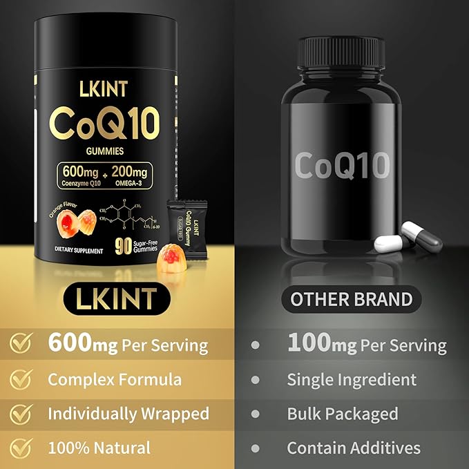 LKINT CoQ10 Gummies 600mg – Sugar Free, Vegan, High Absorption with Omega 3 & Vitamin E – Heart, Energy & Antioxidant Support – Orange Flavor – 90 Gummies