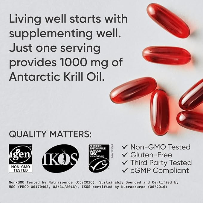 Sports Research Krill Oil 1000mg – Omega-3 with Phospholipids, Choline & Astaxanthin – Heart, Brain, Joint & Immune Support – Non-GMO, Gluten-Free, MSC Certified – 60 Softgels